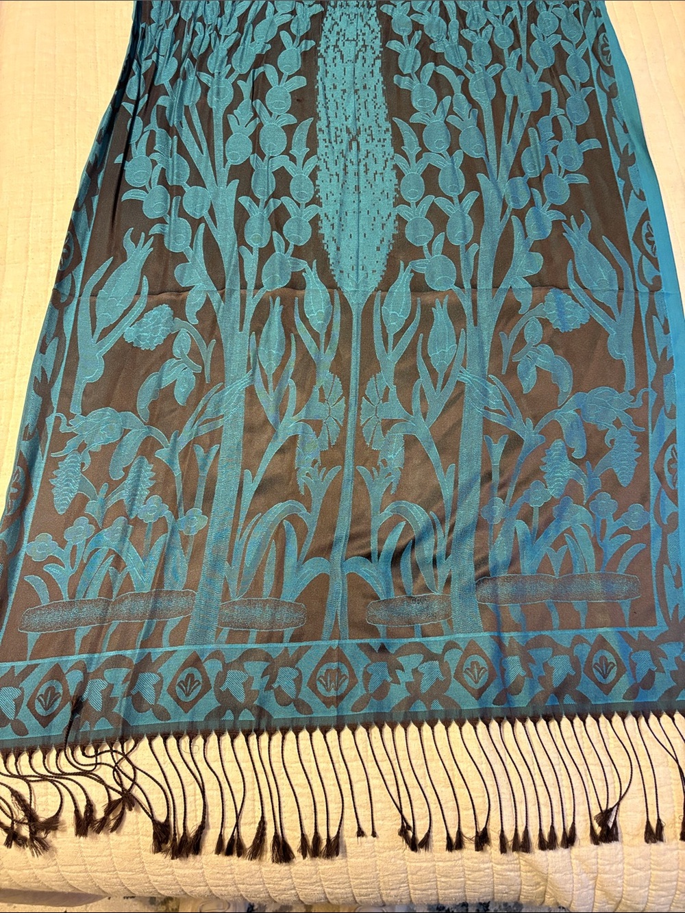 Teal Floral Jacquard Fringe Scarf